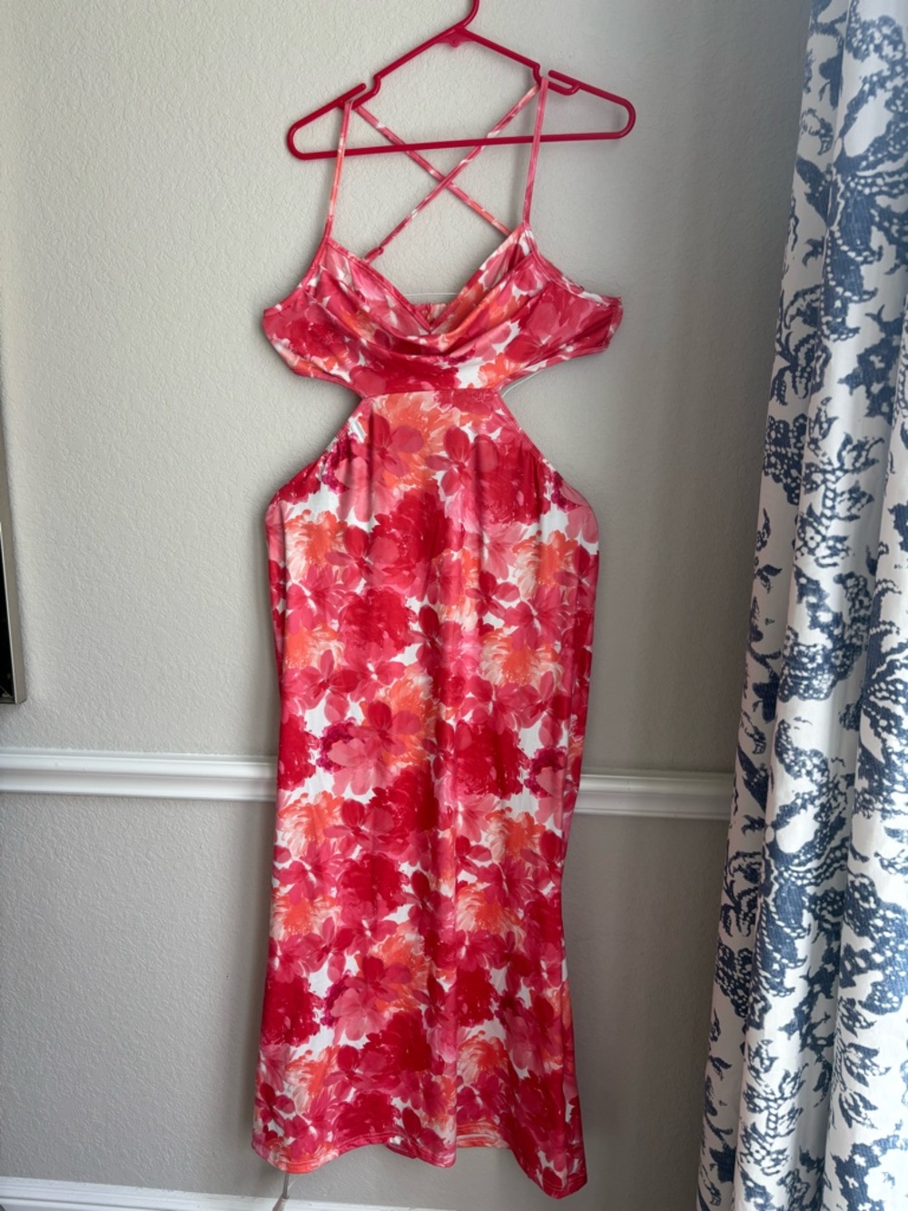 SHEIN Pink & Red Floral Cutout Maxi Dress with Crisscross Straps